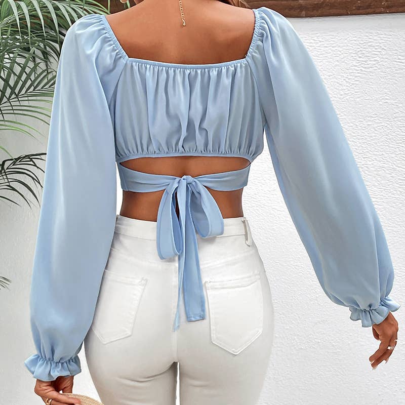 Blue FRENCH LINE NECK WAIST PUFFY SLEEVE CROPPED TOP for wholesale on Faire5