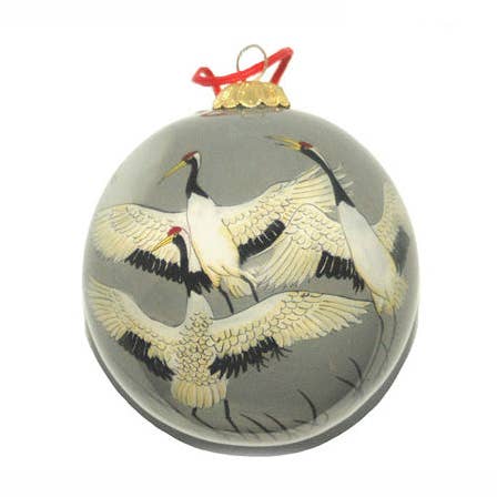 Hand Painted Glass Ball, Gray Dancing Cranes. #CO172 for wholesale by World Treasure Trading