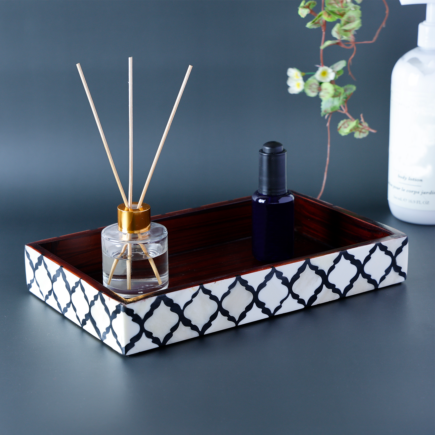 Black White Vanity Trays Moroccan Pattern Bone & Resin Inlay Collection for wholesale on Faire0