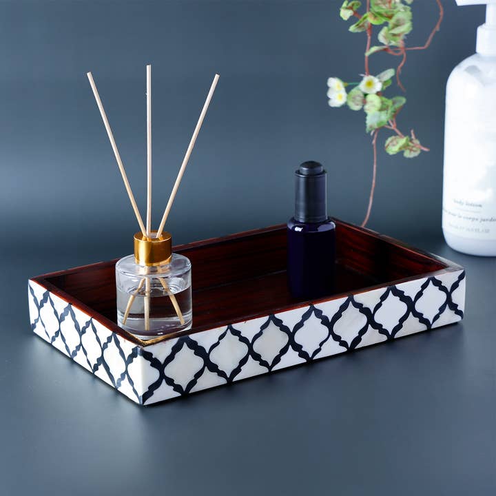 Black White Vanity Trays Moroccan Pattern Bone & Resin Inlay Collection for wholesale on Faire