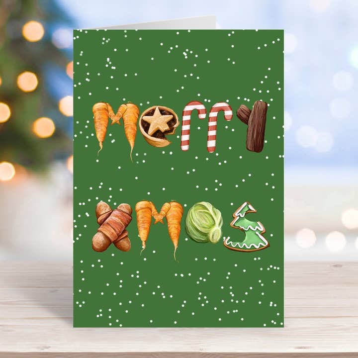Merry Christmas - Festive Food Themed Card for wholesale by Katie Tinkler illustration