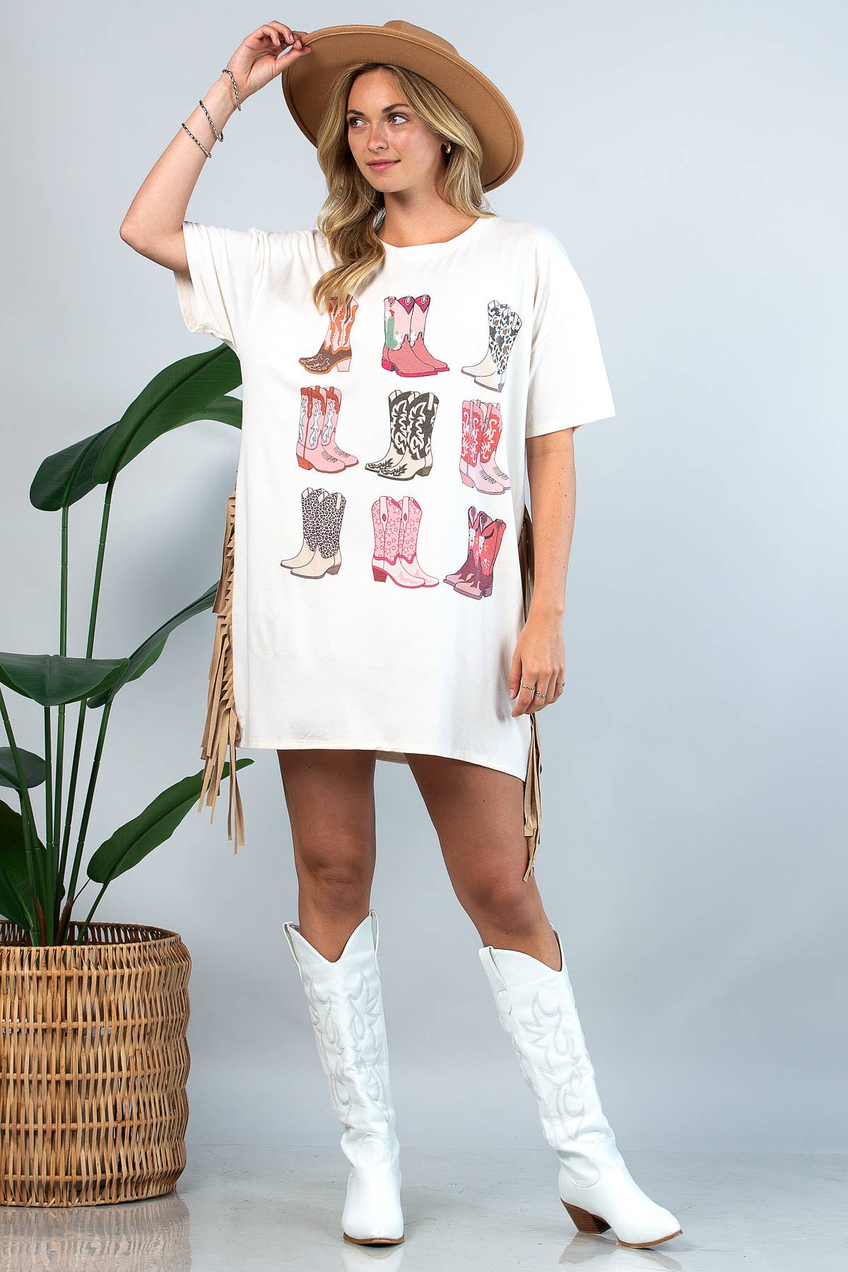 Beige D1593-Western Boots Print Fringed  Loose T Shirt Dress  for wholesale on Faire5