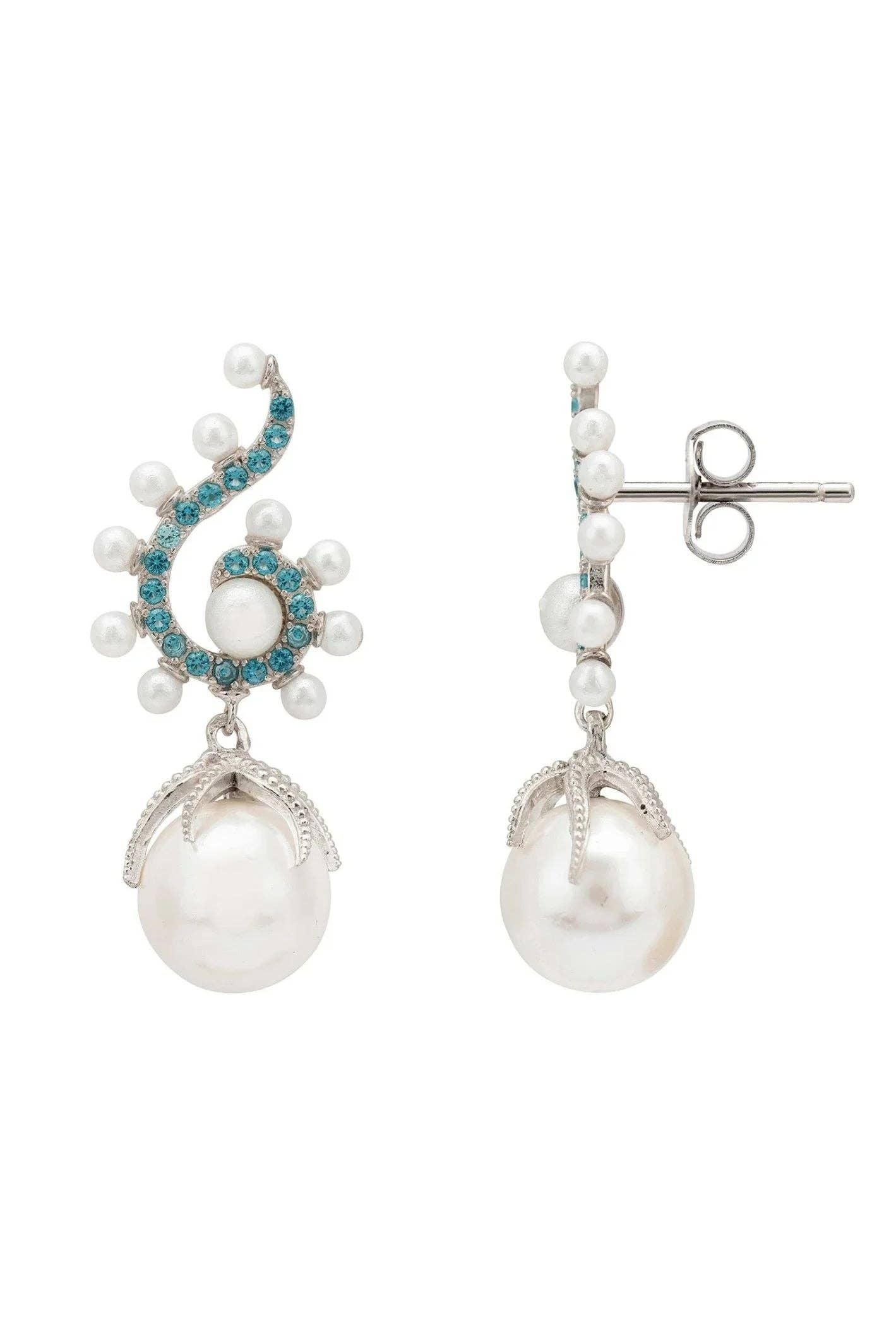 Latelita - Wholesale Dangle Earrings - Majorica Round Pearl Poseidon Gemstone Drop Earrings Aqua Silver2
