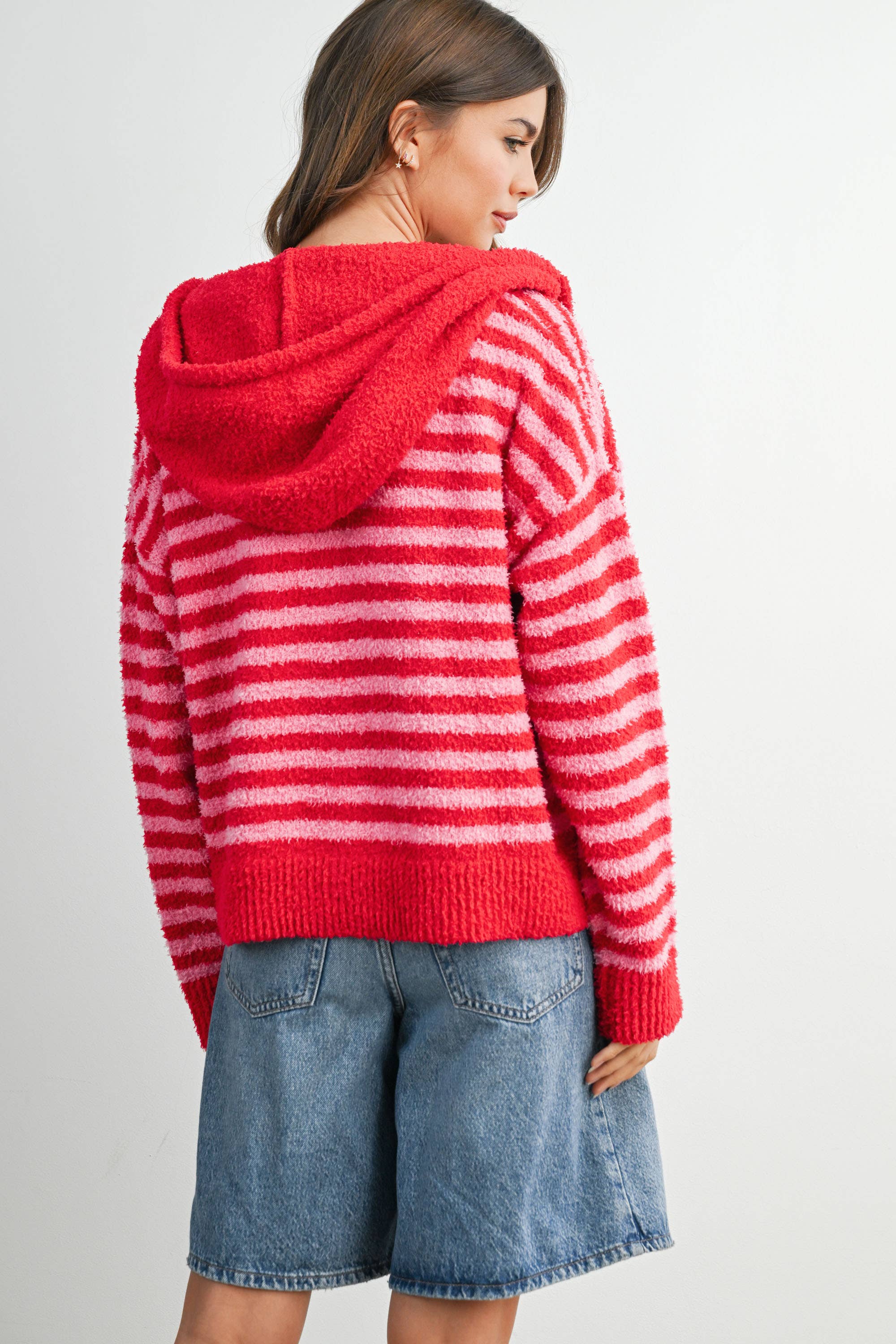 BUTTERMELON - Wholesale Knit Sweater - Women's - Striped Zip-Up Hooded Cardigan - BMC809722