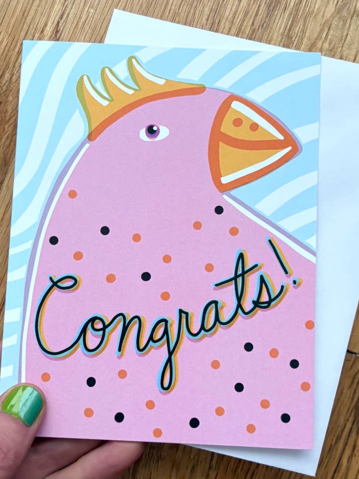 Congrats Bird - congratulations greeting card - blank inside for wholesale by Stephanie Brachmann Studios (formerly Rhino Sky Creations)