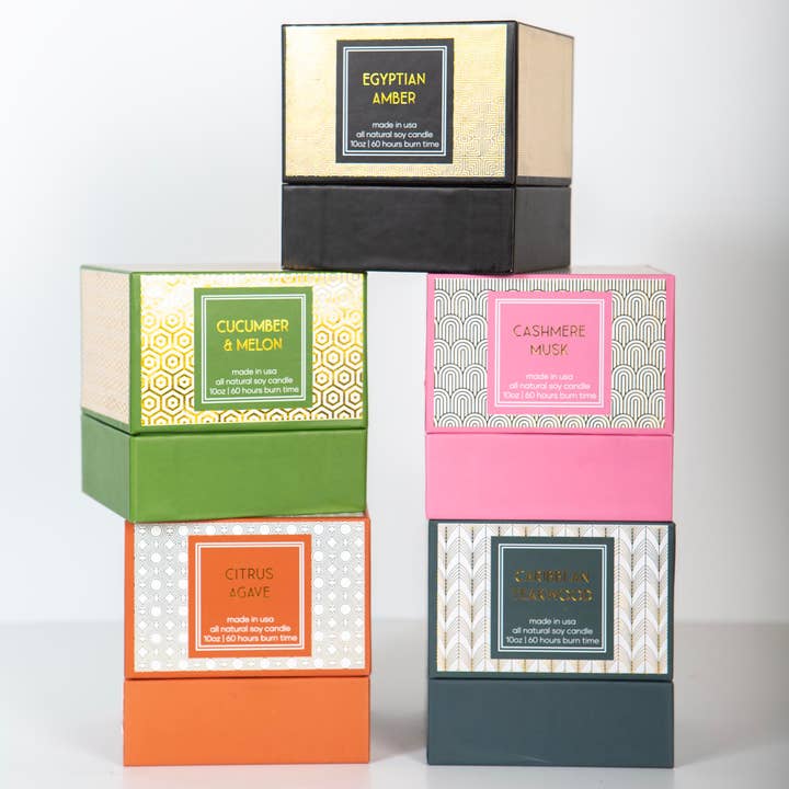 Mod Lounge Paper Company - Wholesale Jar/Filled Candle - Pink and Gold Cashmere Musk Mid Century Foil Boxed Candle