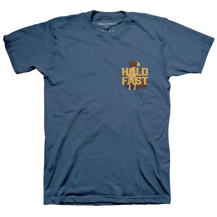 Indigo Blue HOLD FAST Mens T-Shirt Hunting Dog for wholesale on Faire2