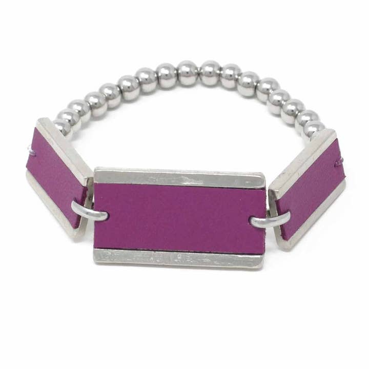 Rectangle Leather & Steel Ball Bracelet Grape for wholesale by Sobo & Co Jewellery