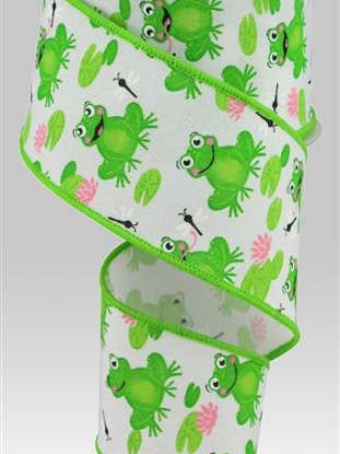 2.5"X10YD FROGS ON FAUX ROYAL - WHITE/GREEN/PINK - RGC120927 for wholesale by General Wholesale Inc