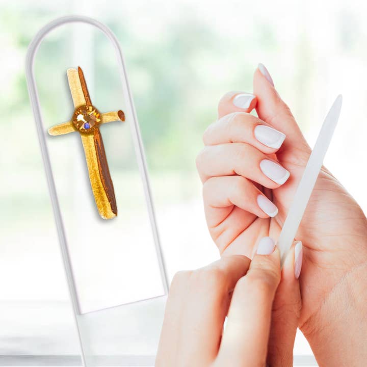 Gold Cross Religion Christian Hand Painted Crystal Nail File for wholesale by Classy Nail Files