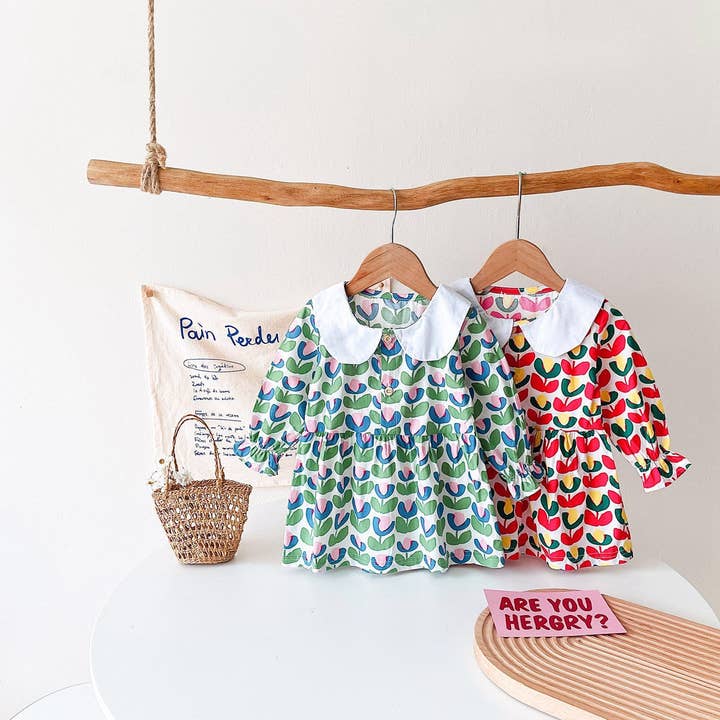 Vestido con diseño evasé y cuello de muñeca con estampado floral para bebé niña para venta al por mayor de MyKids-USA®