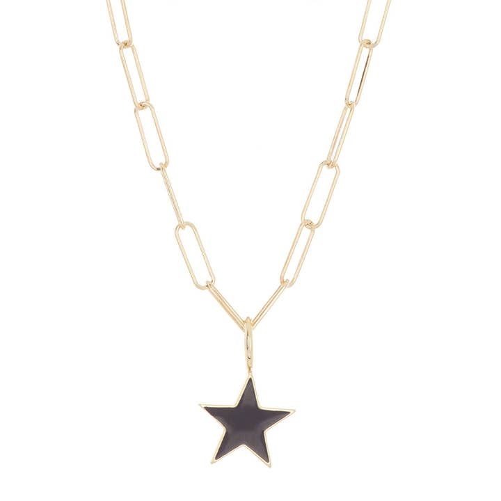 Black Enamel Star Paper Clip Chain Necklace silver gold for wholesale by Adornia