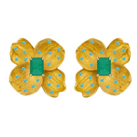 ALEXIS DAOUD JEWELRY - Wholesale Stud/Post Earrings - Flower Earrings Emerald and Turquoise CZ0