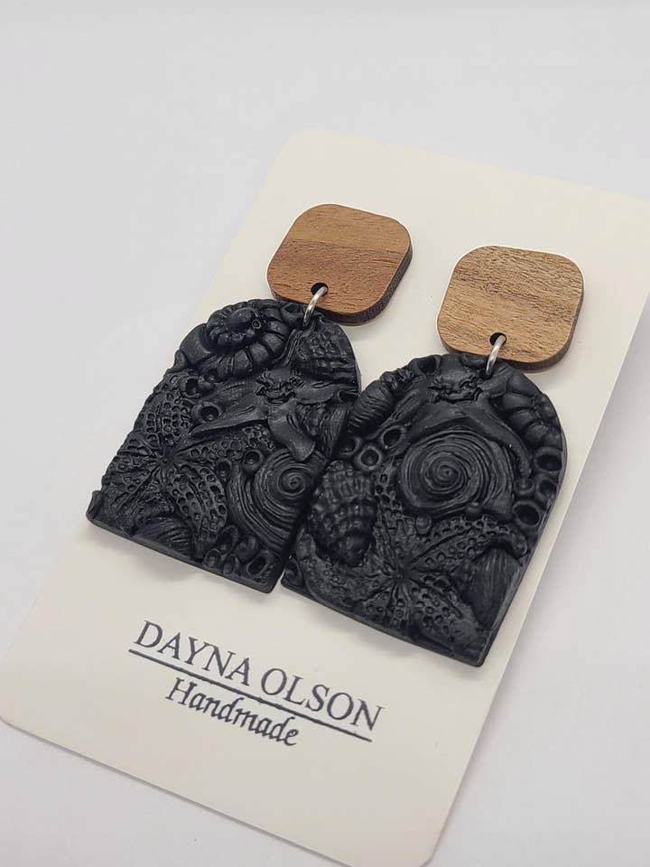 Ocean Earrings, Polymer Clay, Sealife, Starfish, Black for wholesale by Dayna Olson Handmade
