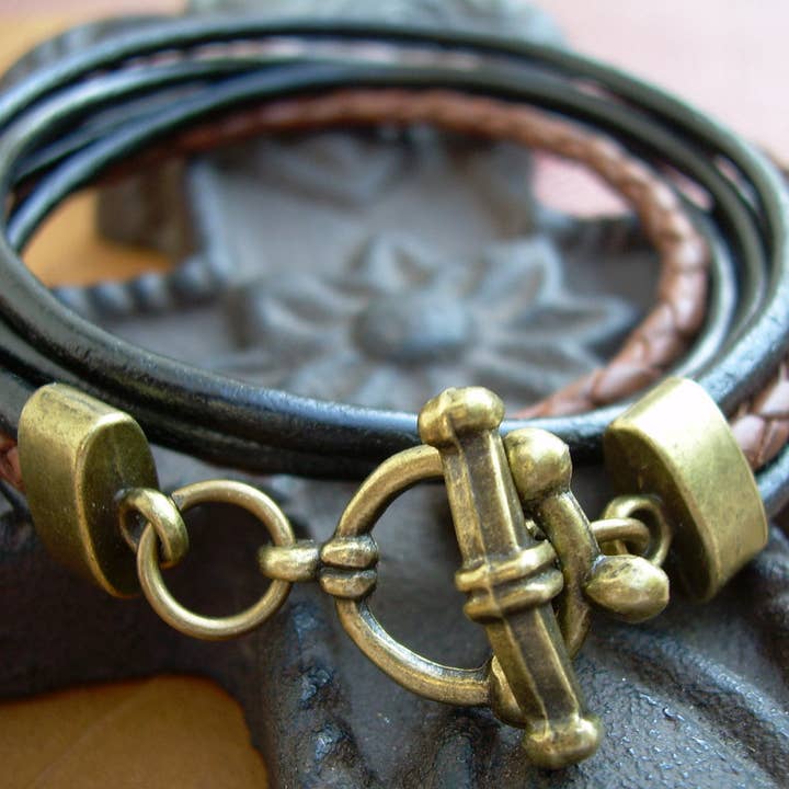 Leather Wrap Bracelet, Black and Saddle Braided Double Wrap Antique Bronze Leather Bracelet, Mens, Womens , Jewelry, Bracelet, Gift for wholesale by Urban Survival Gear USA