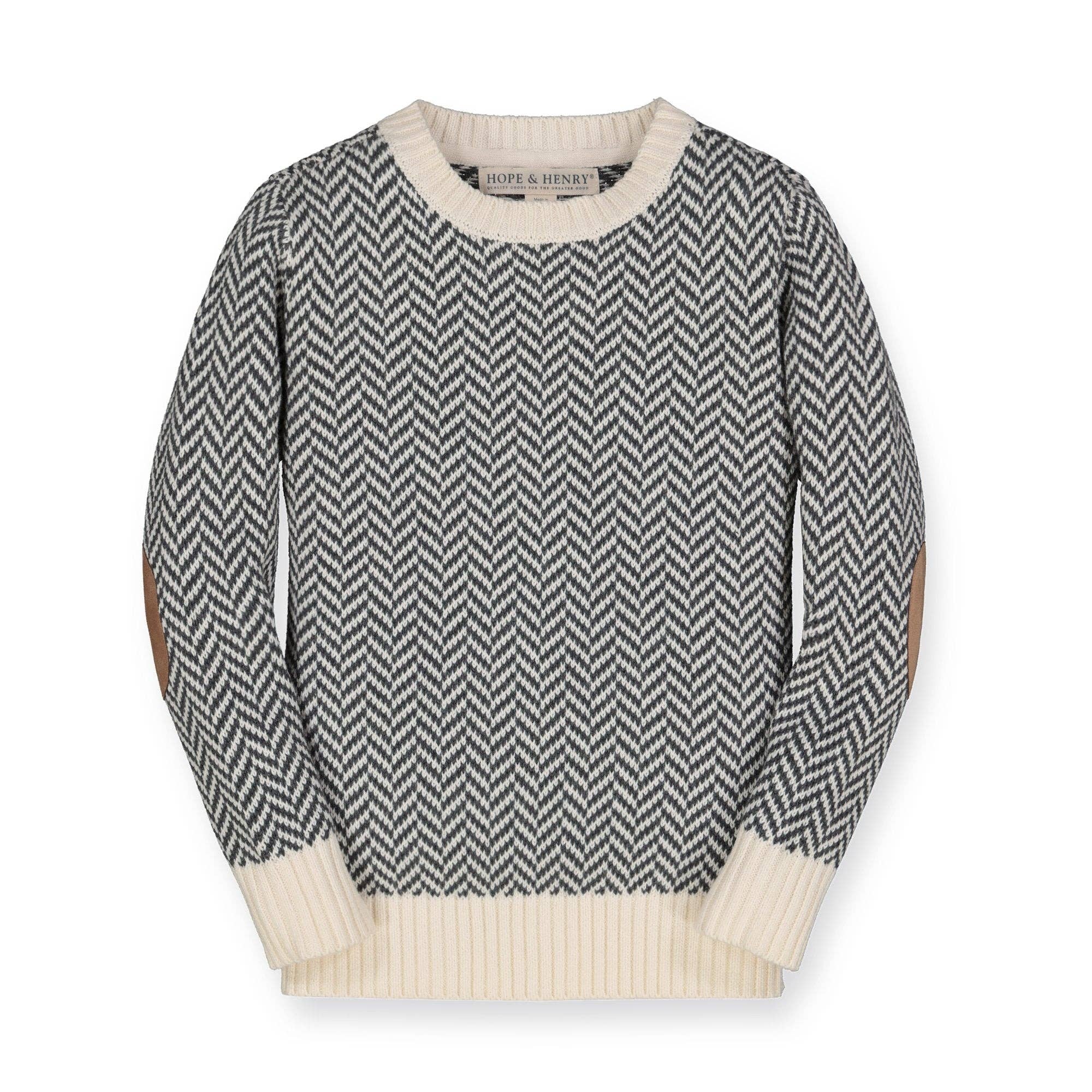 Charcoal and Ivory Herringbone Crewneck Pullover Organic Sweater with Elbow Patches - Baby for wholesale on Faire0