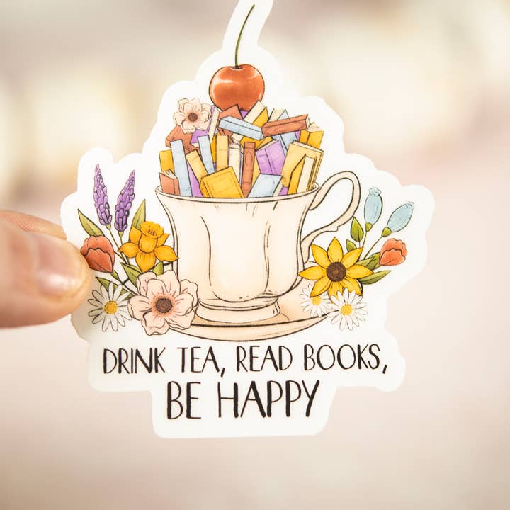 Savannah and James Co - Wholesale Sticker - Drink Tea, Read Books, Be Happy, Vinyl Sticker, 3x3 in.