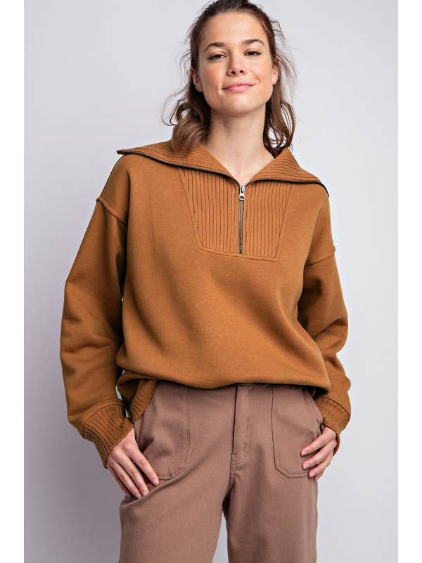 Sunday Morning - Wholesale Sweatshirt - Women's - T969737 RIBBED MOCK NECK FRENCH TERRY PULLOVER