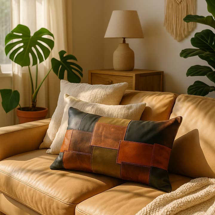 Glamthread - Wholesale Lumbar pillow - Handmade Earth-Toned Leather Lumbar Cushion Cover - Rustic Patchwork Pillow2