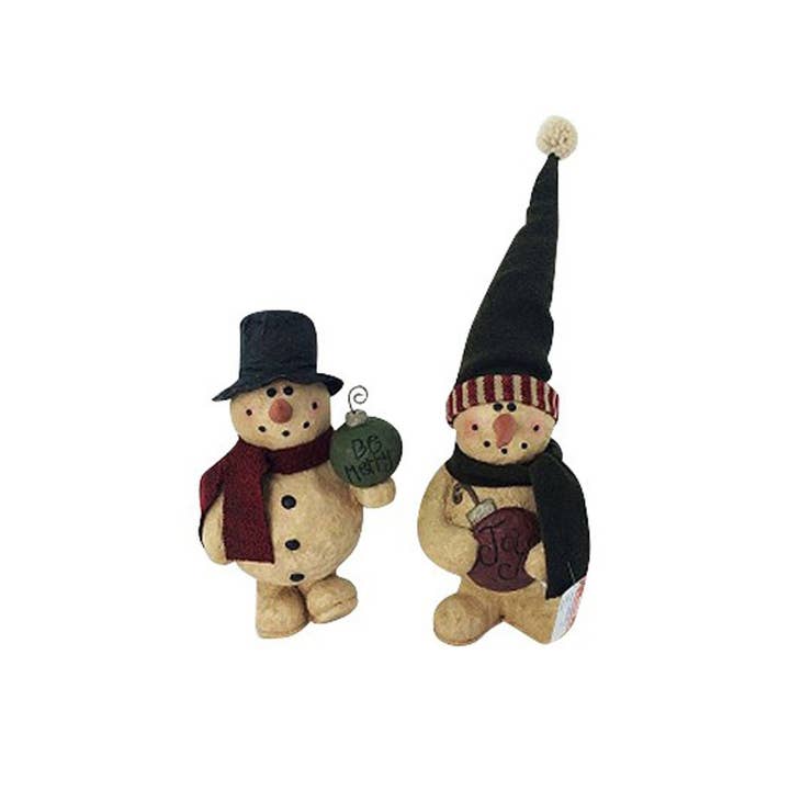 Assorted Paper Mache Snowmen with Fabric Scarfs, Set of 2 for wholesale by Birch Maison