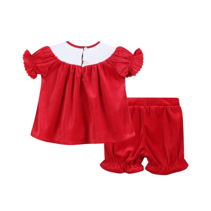 Lil Cactus - Wholesale Clothing Set - Baby - Red Velvet Christmas Smocked Dress and Bloomers Set