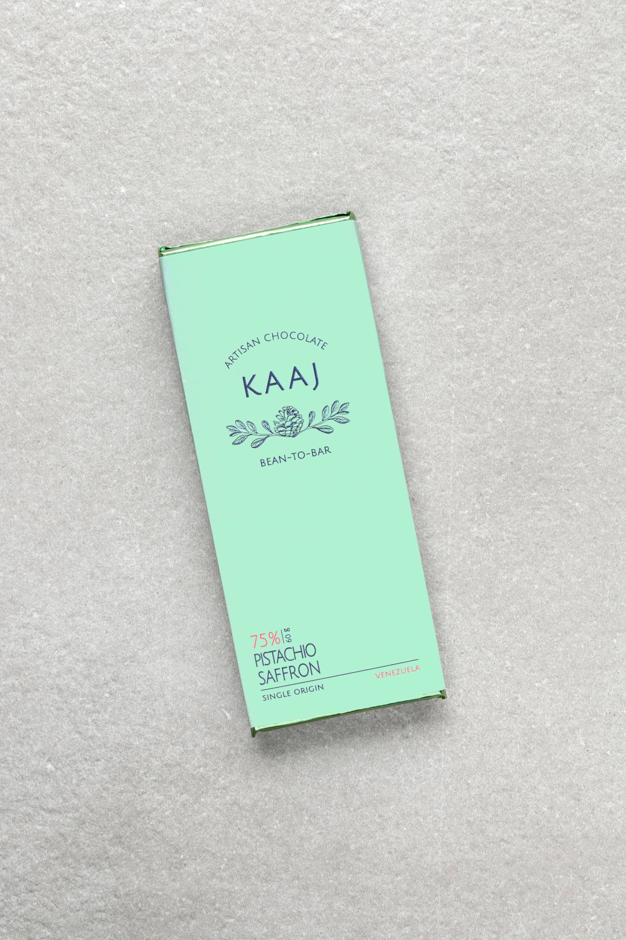 Kaaj Artisan Chocolate - Wholesale Chocolate Bar - Saffron & Pistachio 75%
Dark1