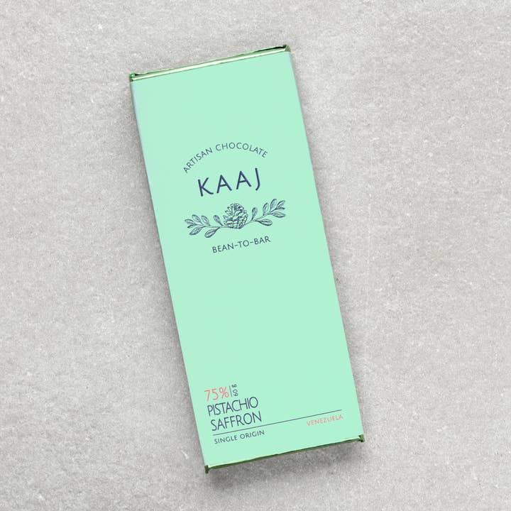 Kaaj Artisan Chocolate - Wholesale Chocolate Bar - Saffron & Pistachio 75%
Dark1