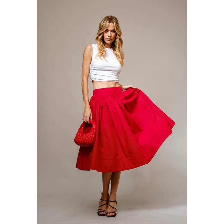 Bold Flare Poplin Midi Skirt with Smocked Fit and Pockets for wholesale by Apolline