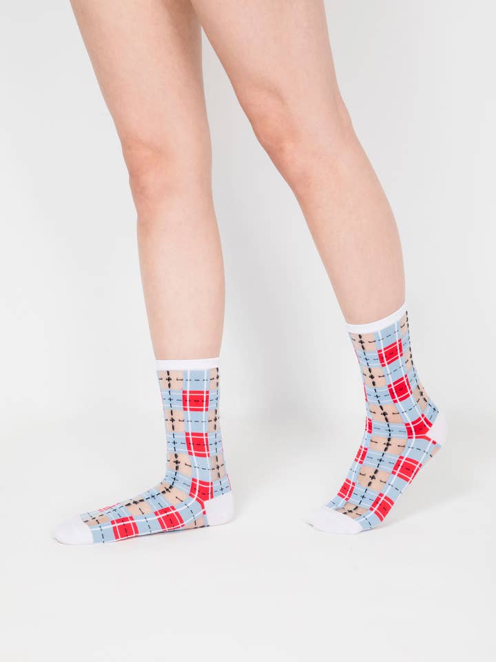PAPERSELF - Wholesale Socks - Women's - Tartan Sheer Socks - Blue & Red