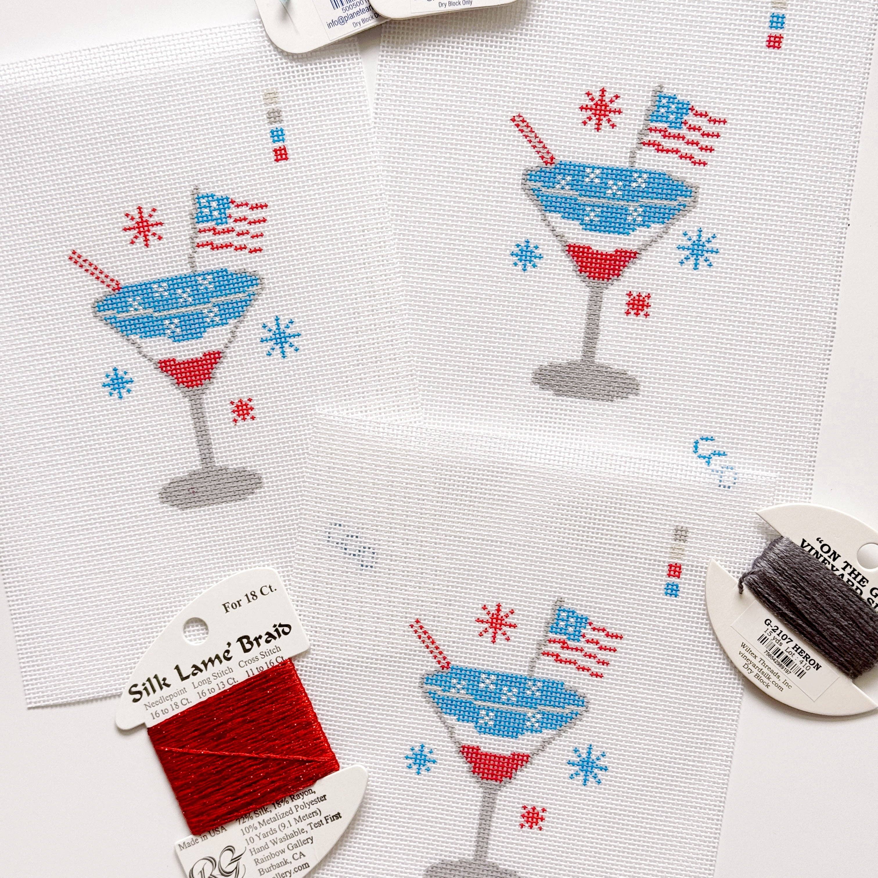 Cotswold Co Designs - Wholesale Embroidery/Cross Stitch Supplies - Patriotic Martini Needlepoint Canvas, Hand Painted, 18 Mesh, 2.5"x3" Design4