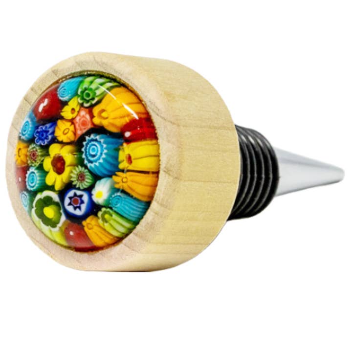 Millefiori Glass Chrome Wine Stopper (Multi-colored) for wholesale by Evan James Designs