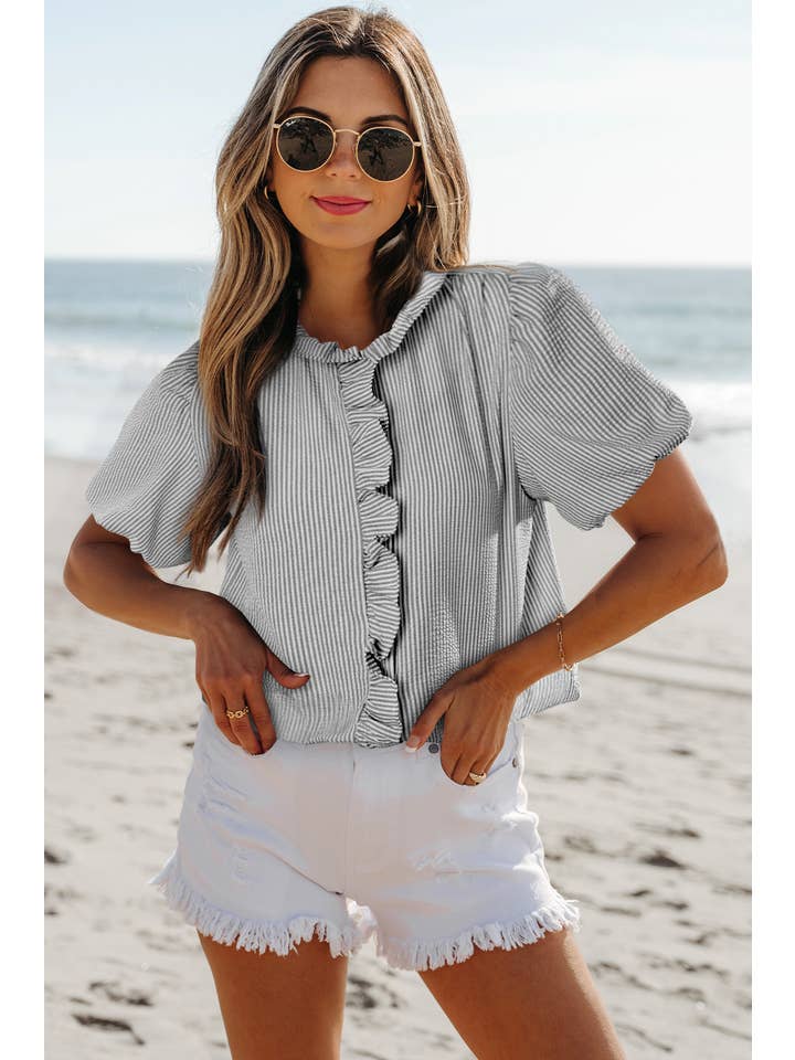 Aapparella - Wholesale Blouse - Women's - Texture Striped Ruffled Detail Shirt | S-XL