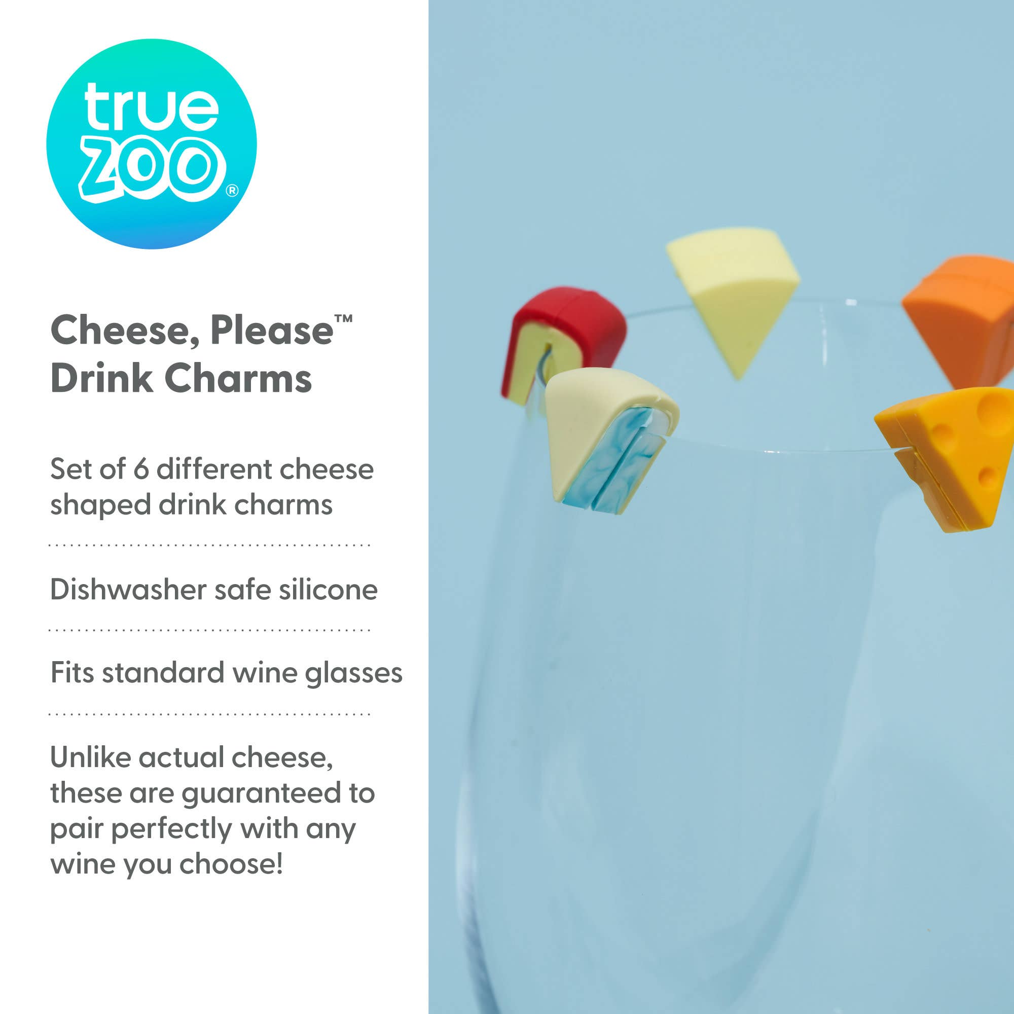 TRUE - Vente Marqueurs pour verres à vin/cocktail - TrueZoo Cheese Please Marqueurs de Verre en Silicone Lot de 63