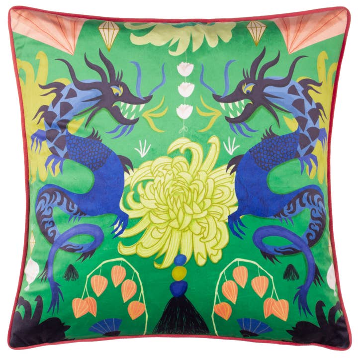 Dragons Illustrated Cushion Emerald for wholesale by Riva Home