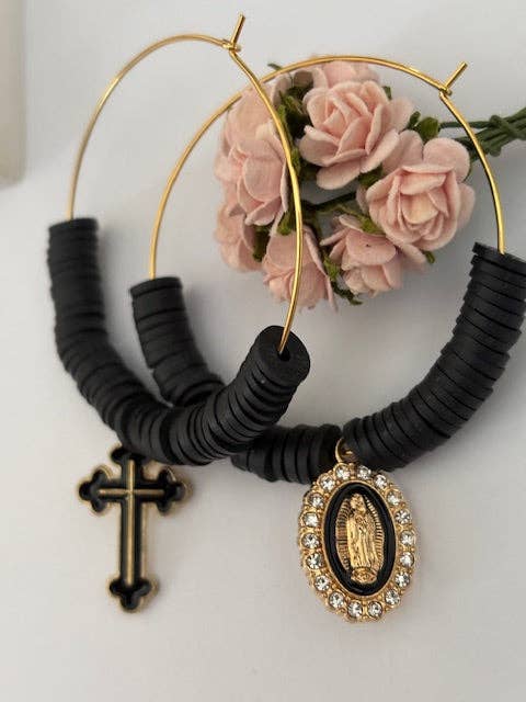 Miss DJ Angel – wholesale Hoop earrings – Ex-voto hoop earrings, asymmetrical ex-voto hoops, religious earrings, cross medal charm and Virgin medal charm0