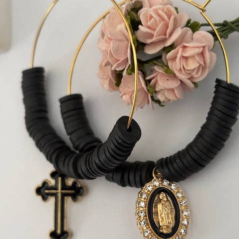 Miss DJ Angel - Wholesale Hoop Earrings - Ex-voto hoop earrings, asymmetrical ex-voto hoops, religious earrings, cross medal charm and Virgin medal charm0