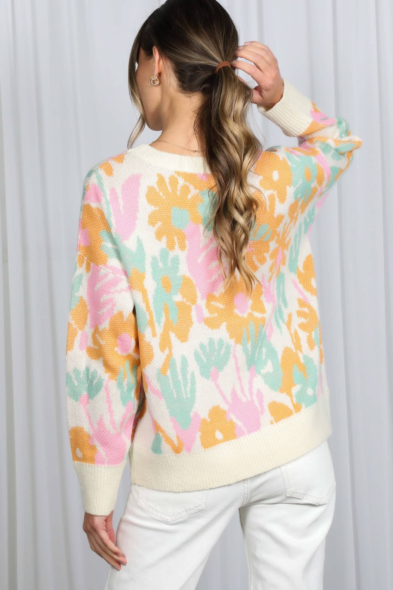 Cream Multi Floral Jacquard Knitted Sweater Top VT82628 for wholesale on Faire18