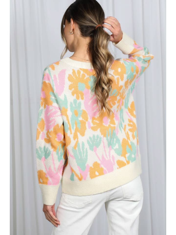 Cream Multi Floral Jacquard Knitted Sweater Top VT82628 for wholesale on Faire18