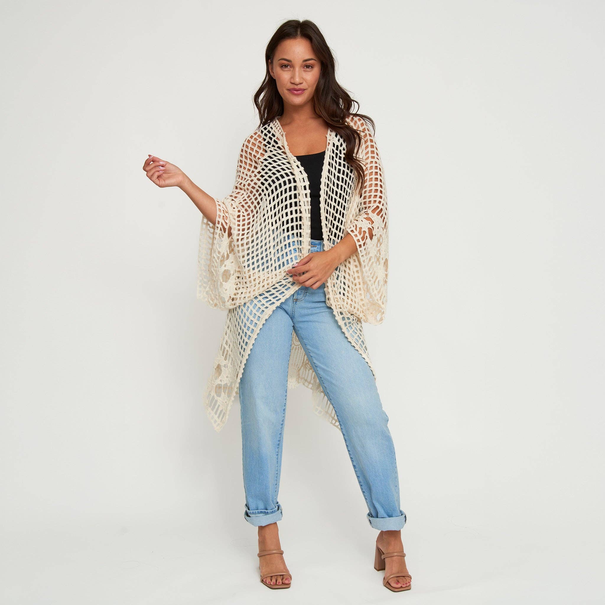 Elsie & Zoey - Venta al por mayor Cárdigan - Mujer - Cárdigan de Punto Iris Abierto Kimono de Crochet de Algodón Cubrir2