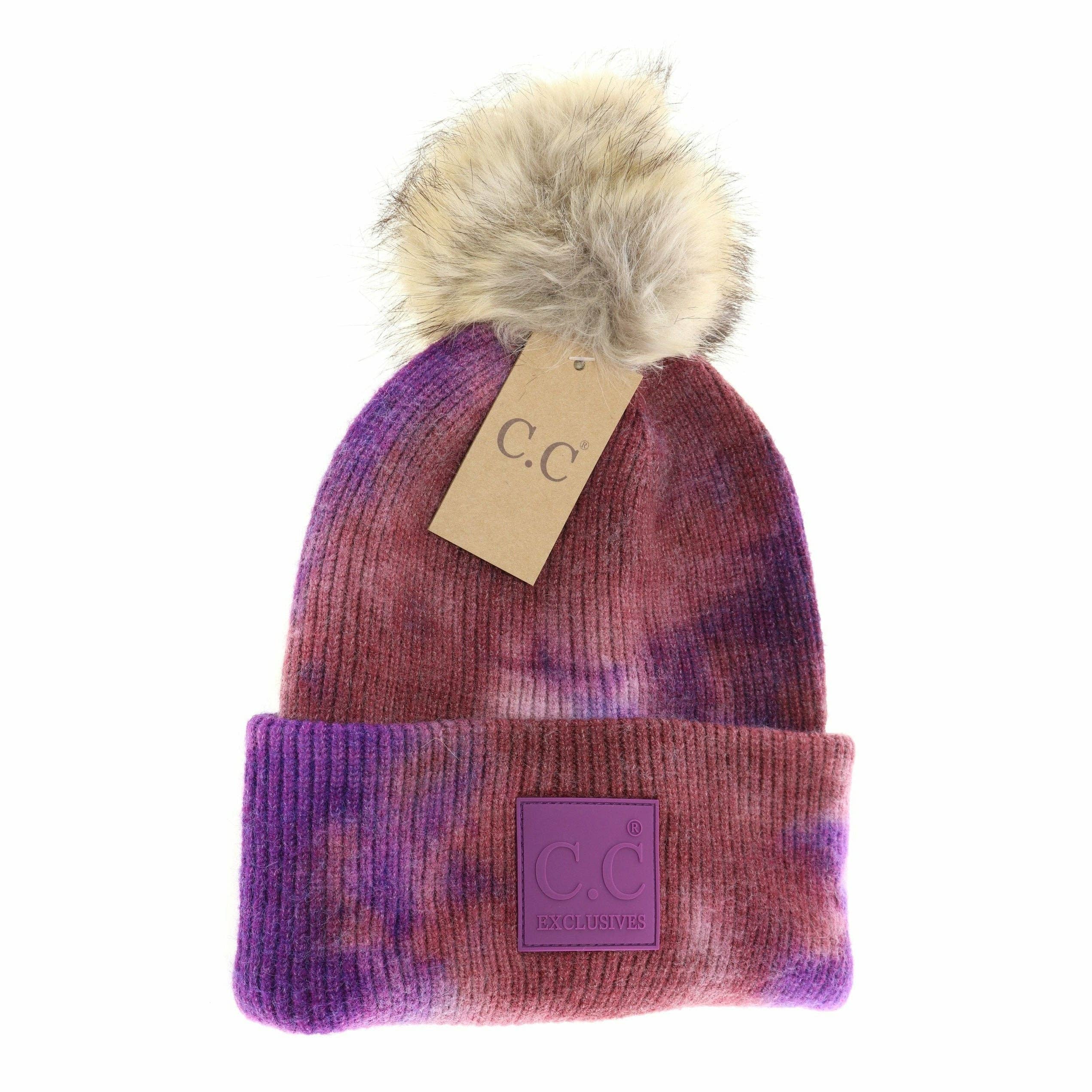 C.C Beanie – Großhandel Beanie – Damen – Batikmütze mit Pelz und Pompon C.C. HAT7380POM4