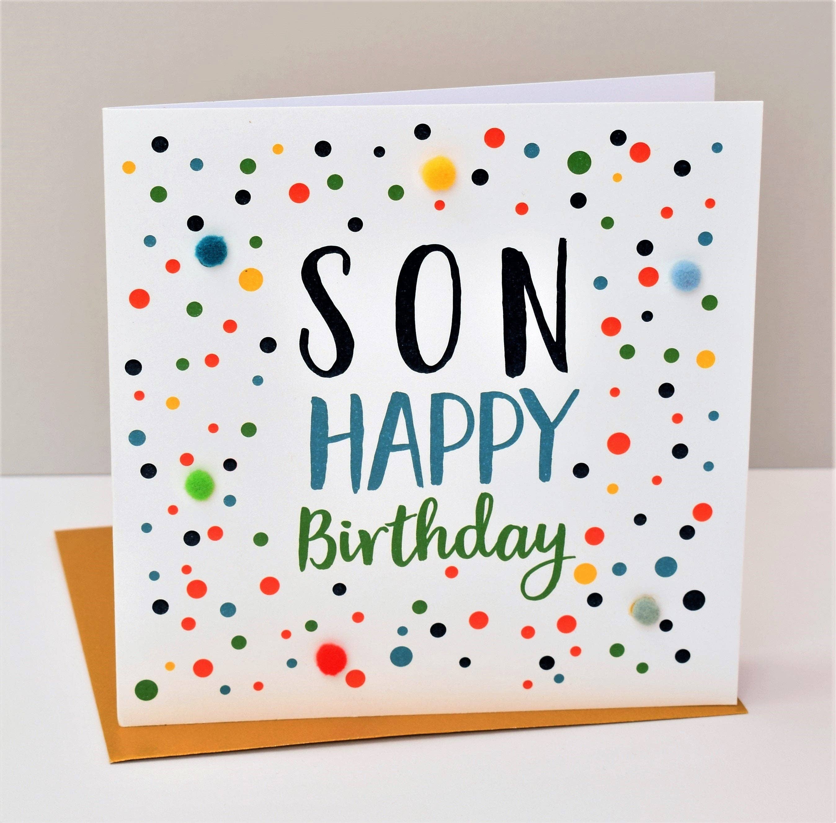 Claire Giles Ltd - Wholesale Birthday Card - Birthday Card, Dotty, Son, Happy Birthday, Embellished with colourful pompoms3