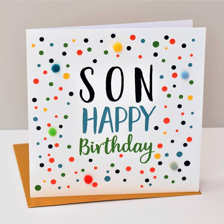 Claire Giles Ltd – wholesale Birthday card – Birthday Card, Dotty, Son, Happy Birthday, Embellished with colourful pompoms3