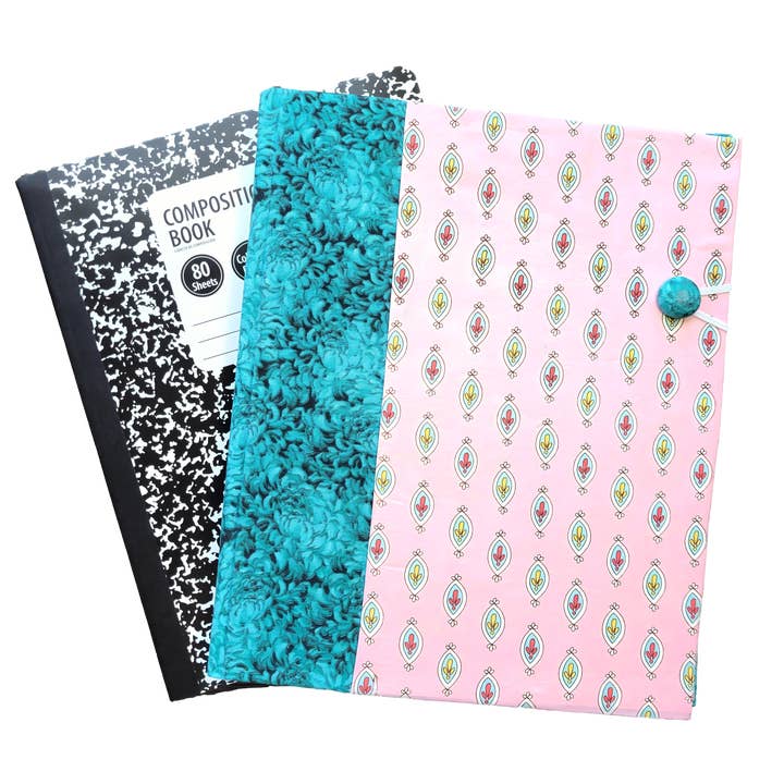 Chic Brico - Wholesale Notebook - Fabric Covered Hardcover Reusable Notebook Composition Book Cover - Aqua and Pink Charms5