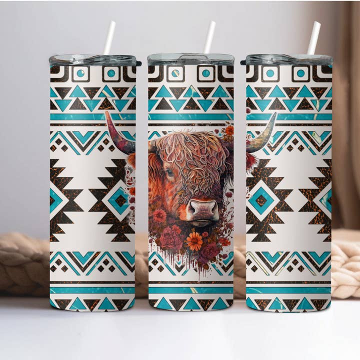Highland Cow Aztec Tumbler for wholesale by Wicked Flower Creations
