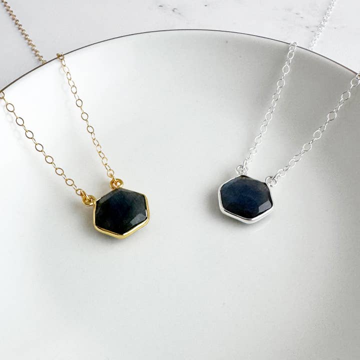 Small Labradorite Hexagon Bezel Necklace for wholesale by Rustic Gem Jewelry
