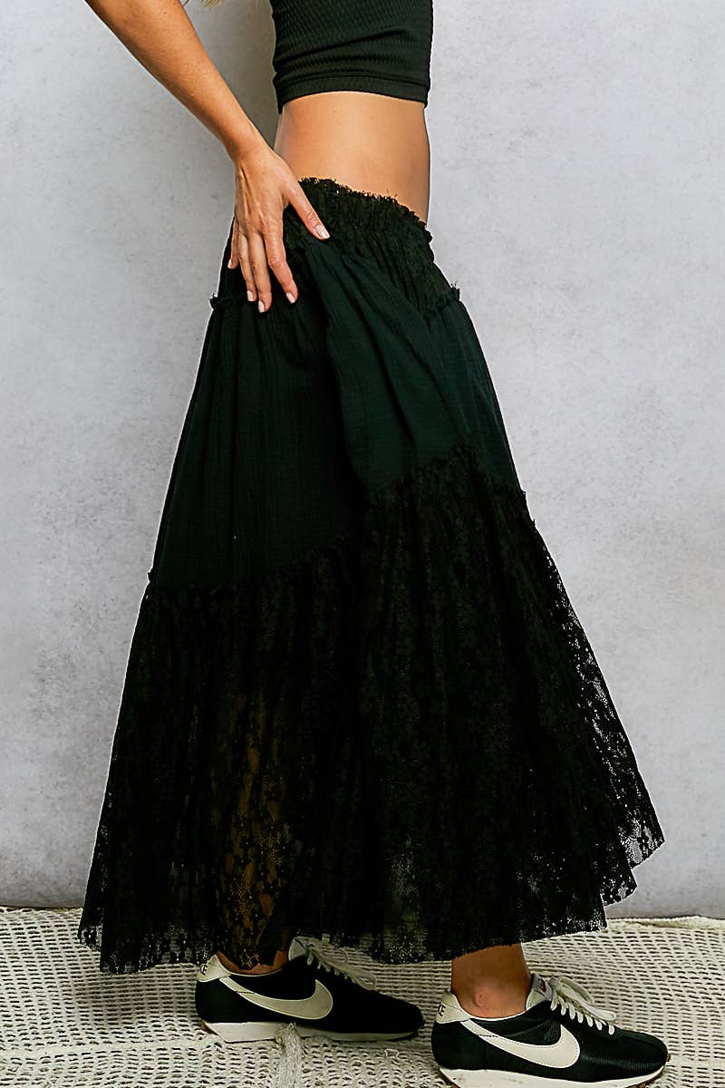 Pol Clothing - Wholesale Skirt - Women's - Double gauze raw edge lace patch solid maxi skirts1