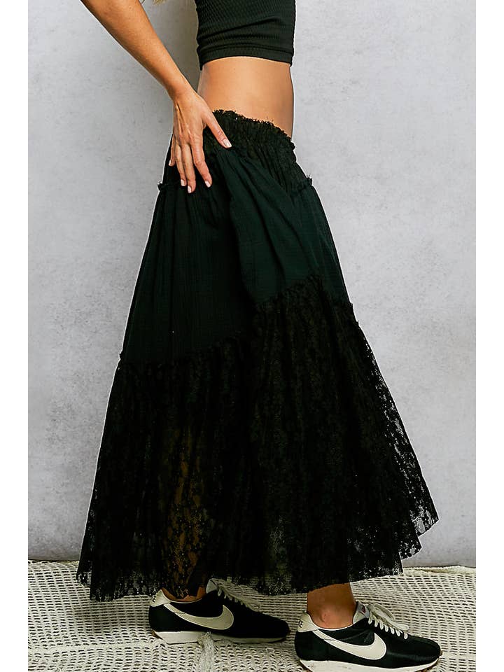Pol Clothing - Wholesale Skirt - Women's - Double gauze raw edge lace patch solid maxi skirts1