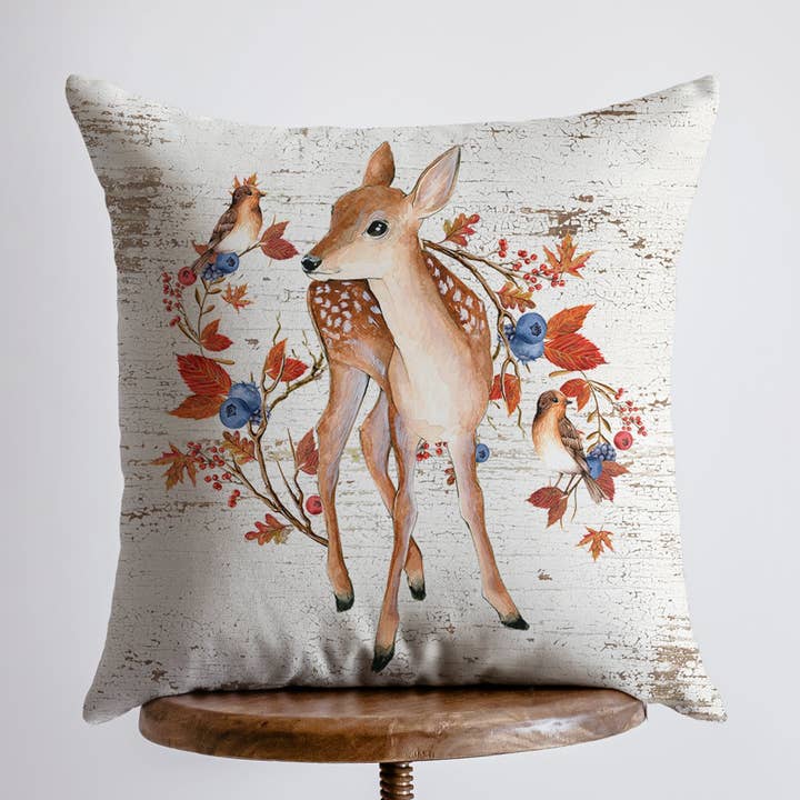Fall Fawn Deer Looking Left Pillow Cover | Rustic | Fall Deer Decor | Birds and Deer | | Farmhouse Pillows | Country Decor | Gift for her for wholesale by UniikPillows