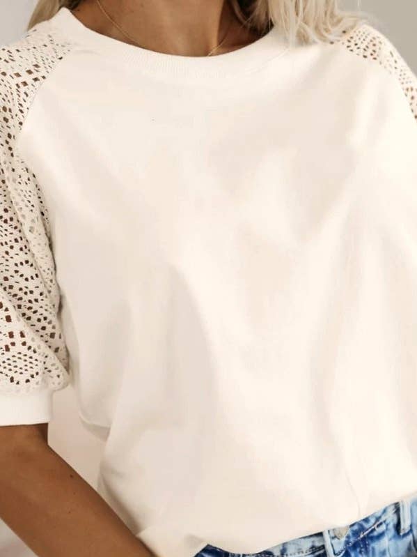 Lace Crochet Short Sleeve Round Neck T Shirt for wholesale by Umorger