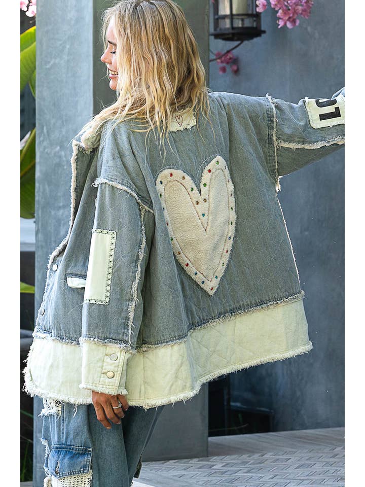 Pol Clothing - Wholesale Jacket – Women's - Colorblocked twill patch studded back heart jacket3